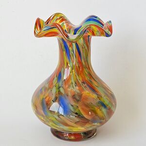 Vintage Millefiori Murano Style Italian Art Glass Vase  7.5”  Ruffled Multicolor